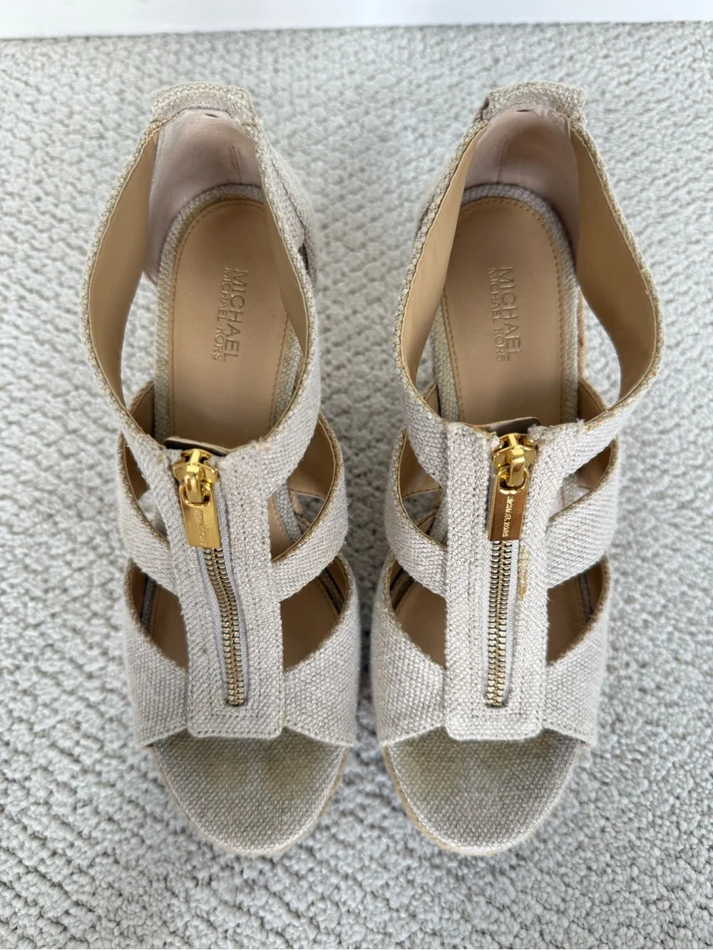 MICHAEL Michael Kors Beige Espadrille Wedge Sandals with Gold Zipper